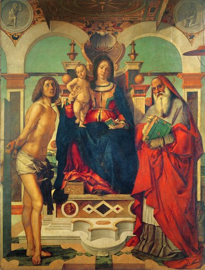 Madonna en Kind op de troon met Sint Hiëronymus en Sint Sebastiaan door Andrea Mantegna